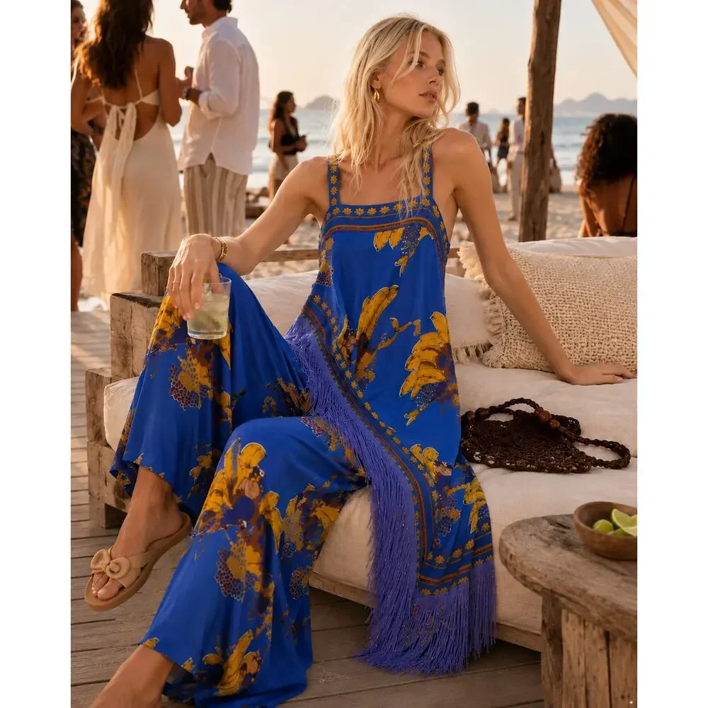 Farm Rio Blue Mermaid Bananas Scarf Tunic Pants Set M Top L Pants
